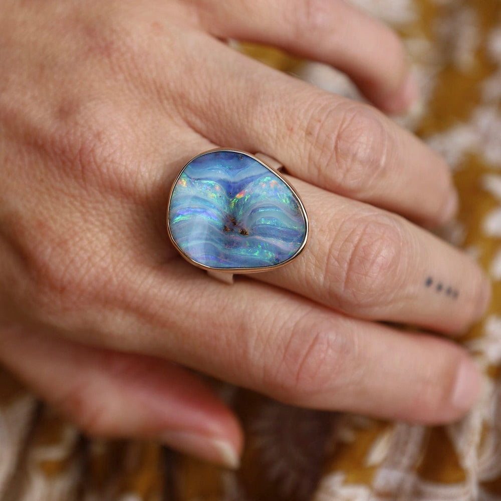 RNG-14K Sterling & 14K Gold Ring with Vertical Asymmetrical Boulder Opal