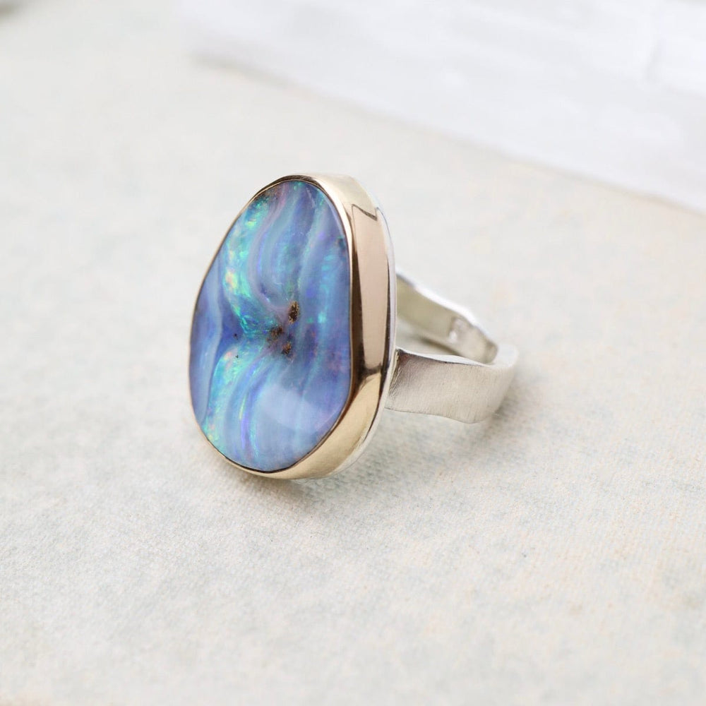 
                      
                        RNG-14K Sterling & 14K Gold Ring with Vertical Asymmetrical Boulder Opal
                      
                    