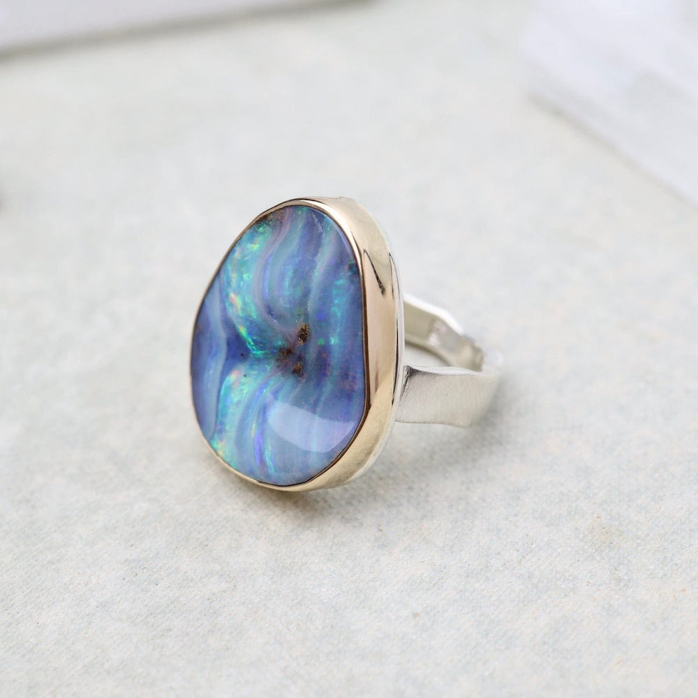 
                      
                        RNG-14K Sterling & 14K Gold Ring with Vertical Asymmetrical Boulder Opal
                      
                    