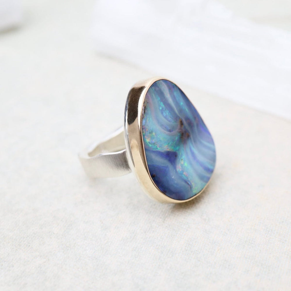 
                      
                        RNG-14K Sterling & 14K Gold Ring with Vertical Asymmetrical Boulder Opal
                      
                    