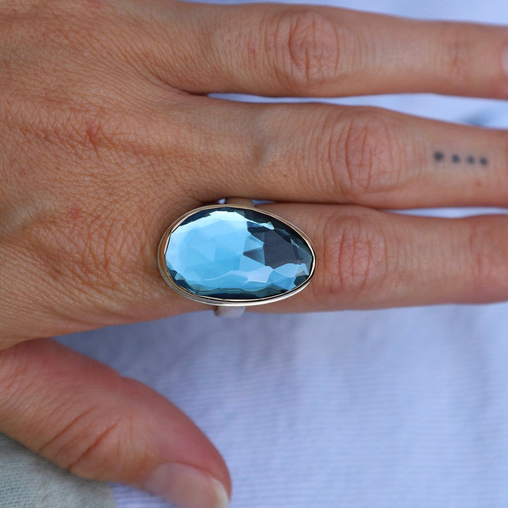 
                      
                        RNG-14K Sterling & 14K Gold Ring with Vertical Asymmetrical Rose Cut London Blue Topaz
                      
                    