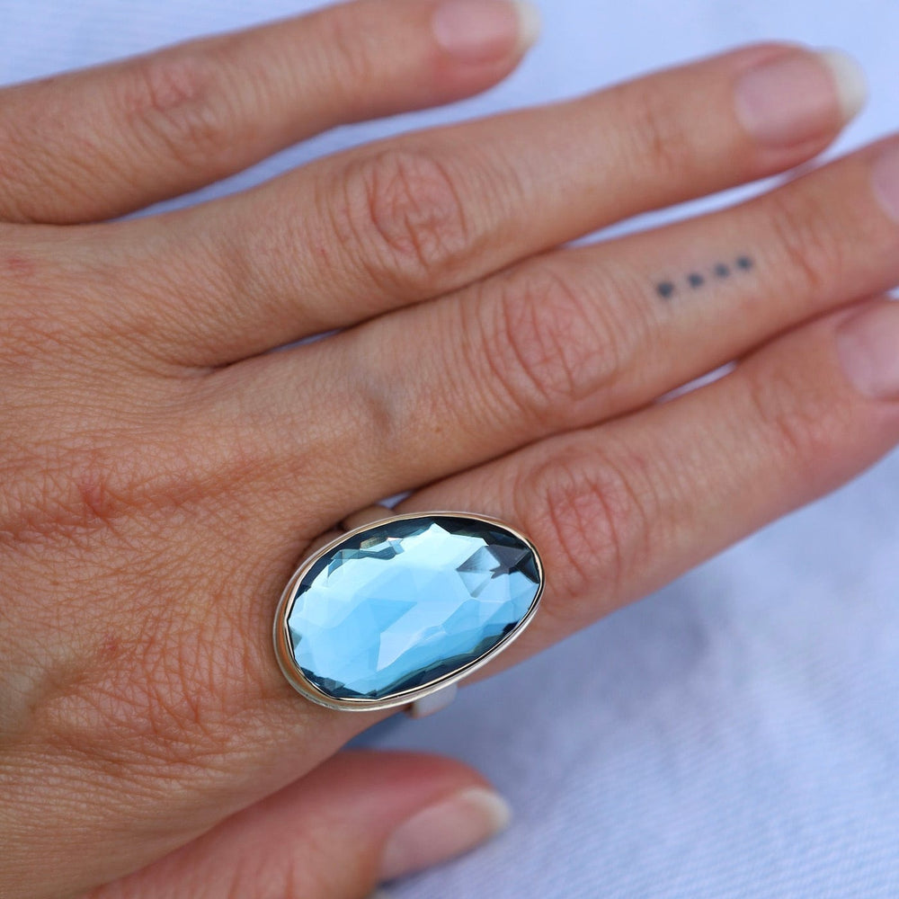 
                      
                        RNG-14K Sterling & 14K Gold Ring with Vertical Asymmetrical Rose Cut London Blue Topaz
                      
                    