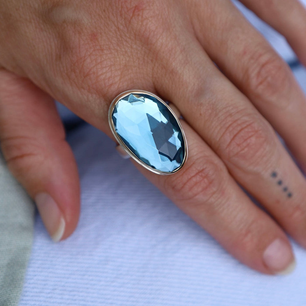 
                      
                        RNG-14K Sterling & 14K Gold Ring with Vertical Asymmetrical Rose Cut London Blue Topaz
                      
                    