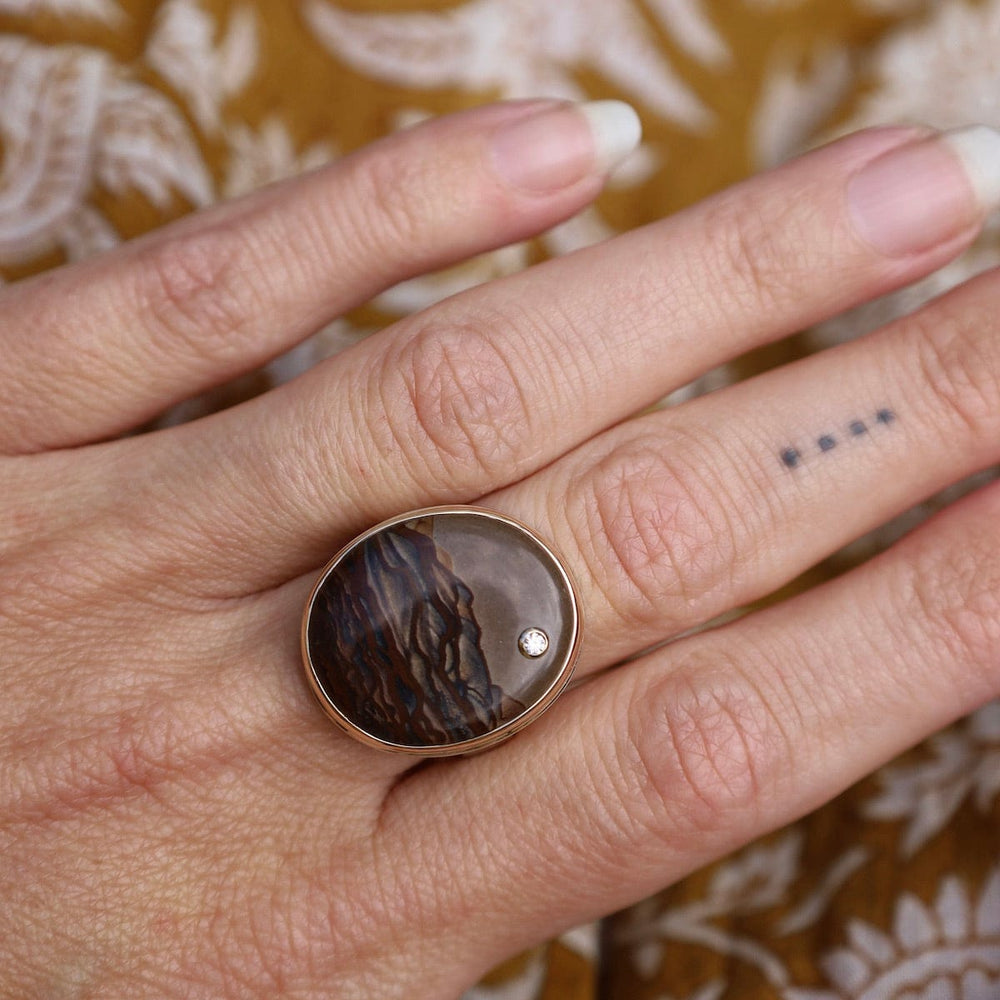 
                      
                        RNG-14K Sterling & 14K Gold Ring with Vertical Oval Deschutes Jasper & Diamond
                      
                    