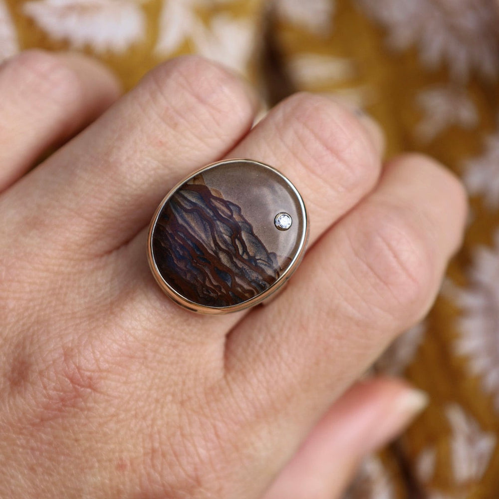 
                      
                        RNG-14K Sterling & 14K Gold Ring with Vertical Oval Deschutes Jasper & Diamond
                      
                    