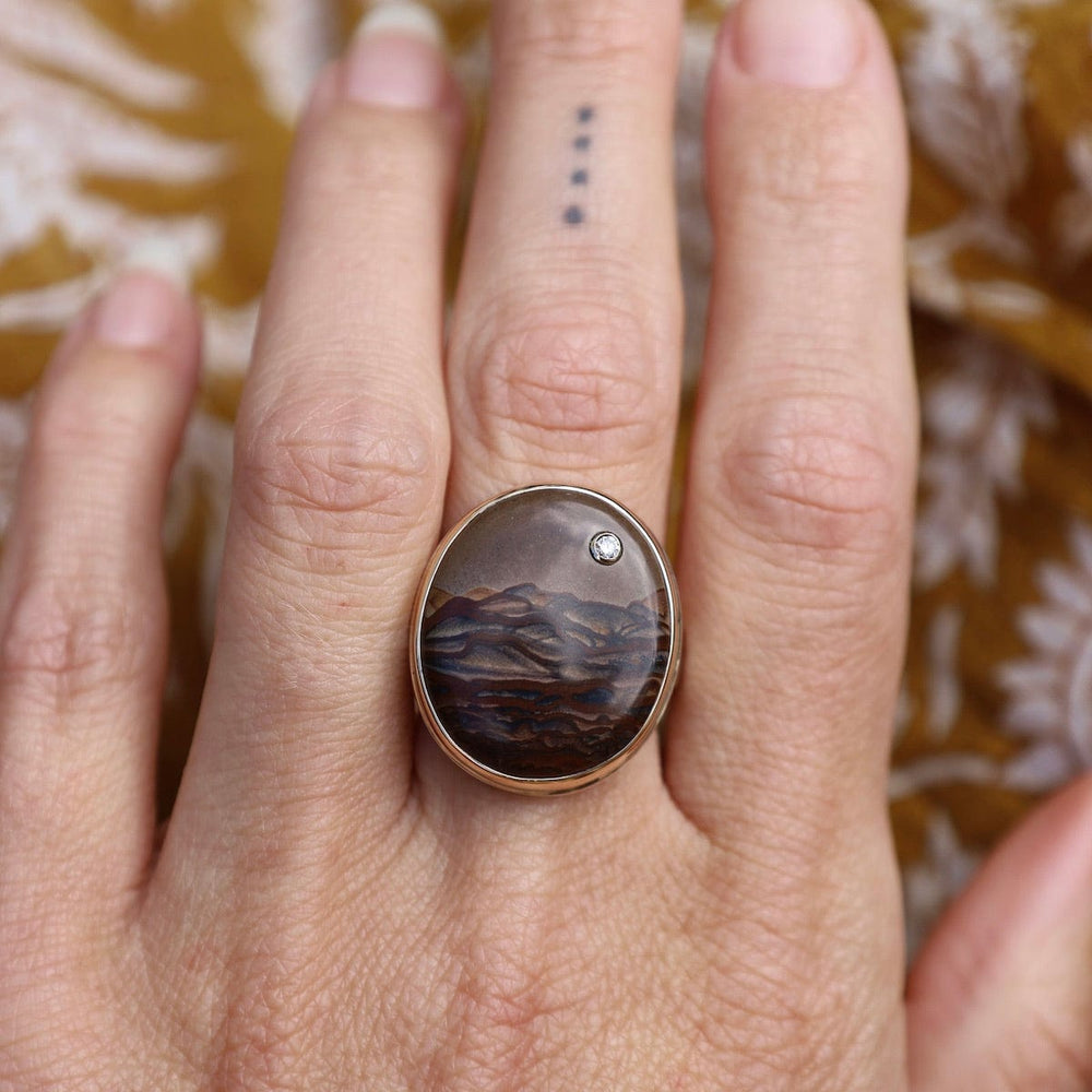 
                      
                        RNG-14K Sterling & 14K Gold Ring with Vertical Oval Deschutes Jasper & Diamond
                      
                    