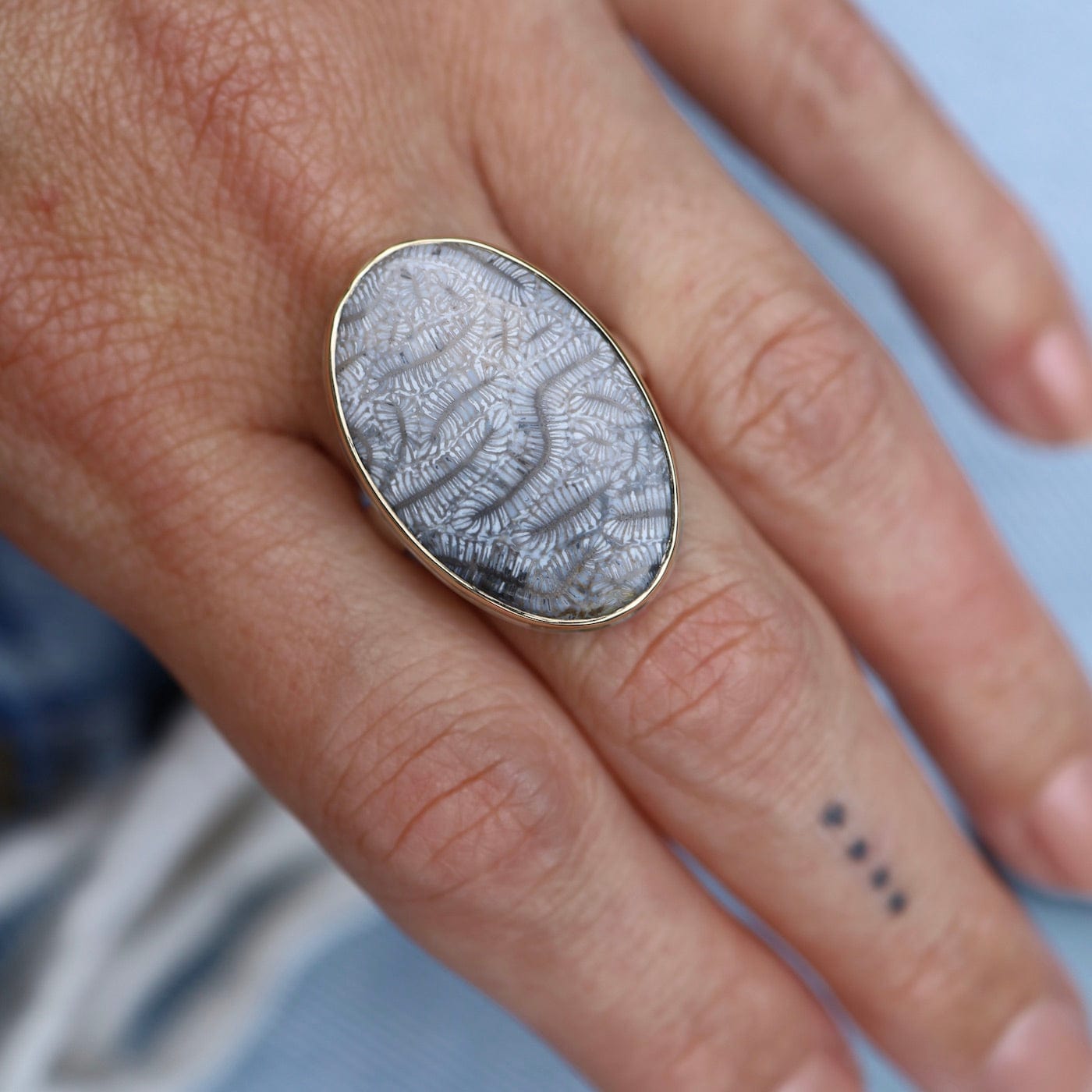 RNG-14K Sterling & 14K Gold Ring with Vertical Oval Fossilized Coral