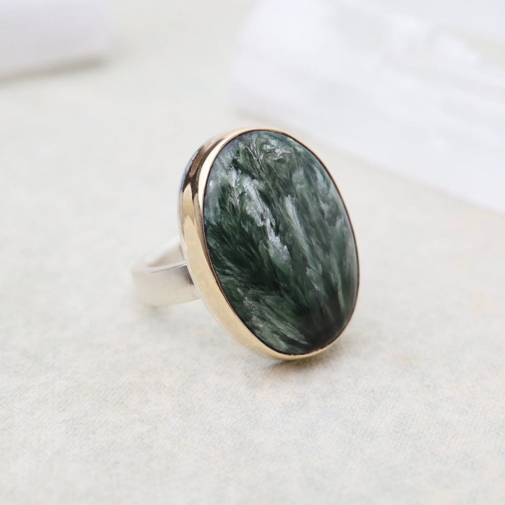 
                      
                        RNG-14K Sterling & 14K Gold Ring with Vertical Oval Seraphinite
                      
                    