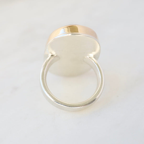RNG-14K Sterling & 14K Gold Ring with Vertical Oval White Buffalo Turquoise