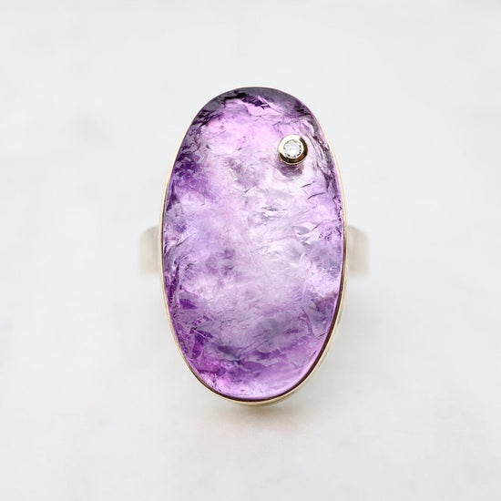 RNG-14K Sterling & 14K Gold Ring wtih Vertical Oval Surface Cut Amethyst & Diamond