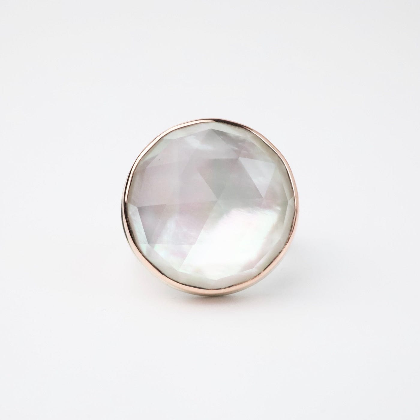 Load image into Gallery viewer, RNG-14K Sterling &amp;amp; 14K Rose Gold Ring Round Rose Cut Rock Crystal Over Mother of Pearl
