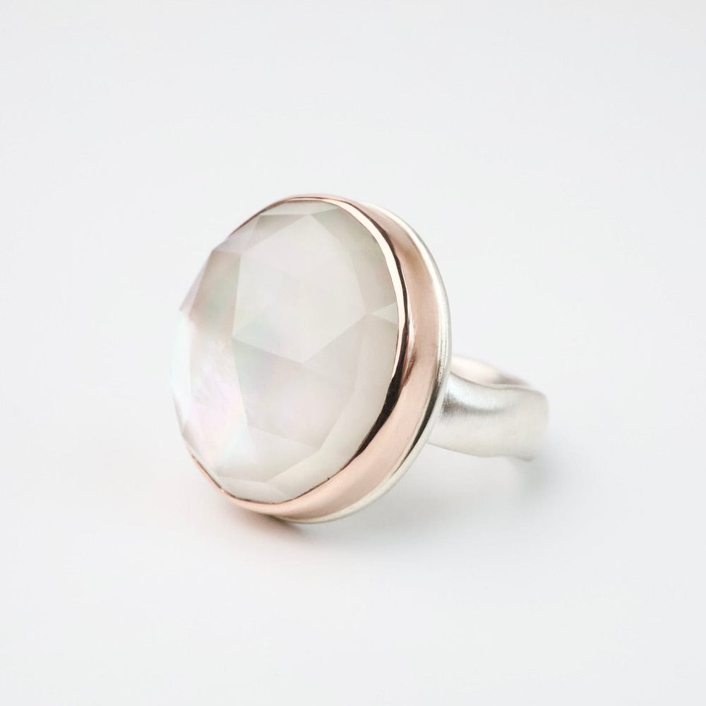 
                      
                        RNG-14K Sterling & 14K Rose Gold Ring Round Rose Cut Rock Crystal Over Mother of Pearl
                      
                    