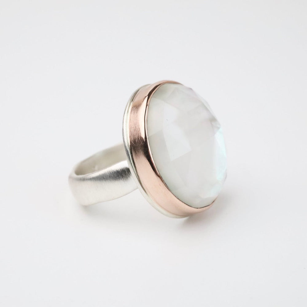 
                      
                        RNG-14K Sterling & 14K Rose Gold Ring Round Rose Cut Rock Crystal Over Mother of Pearl
                      
                    