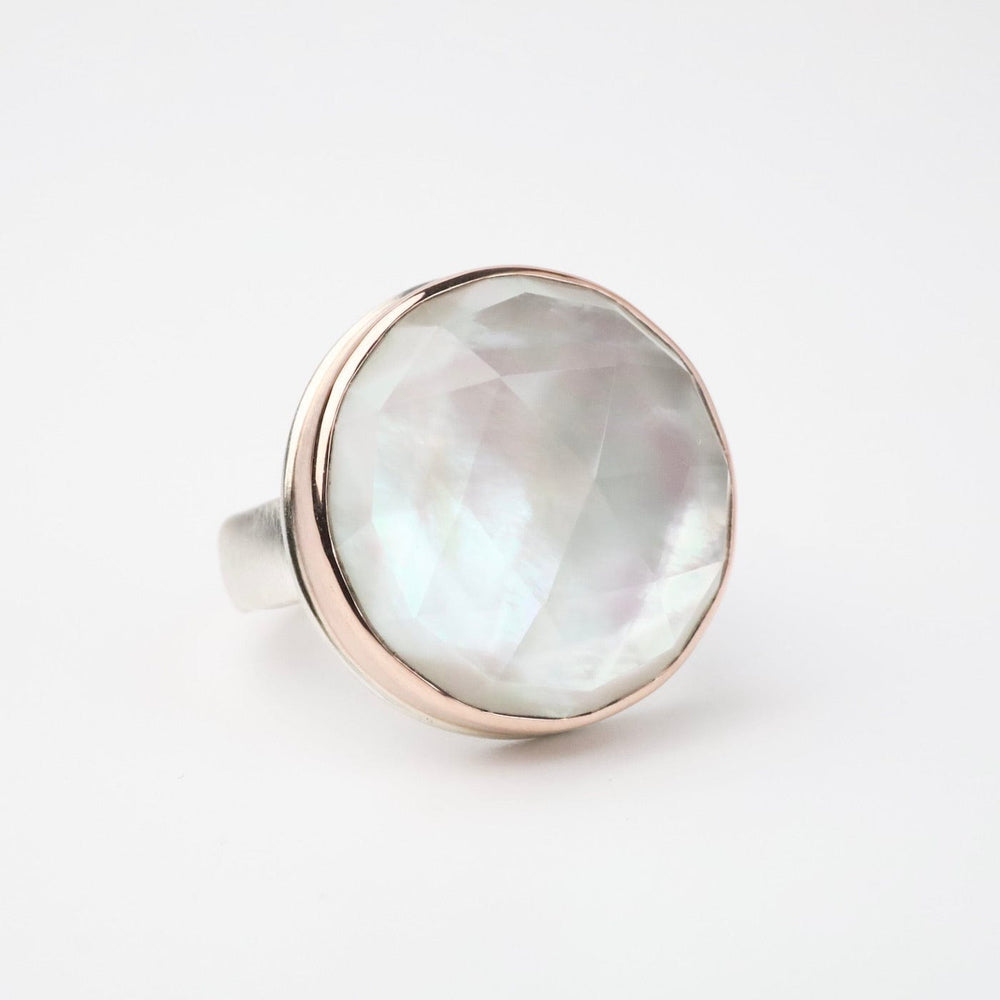 
                      
                        RNG-14K Sterling & 14K Rose Gold Ring Round Rose Cut Rock Crystal Over Mother of Pearl
                      
                    