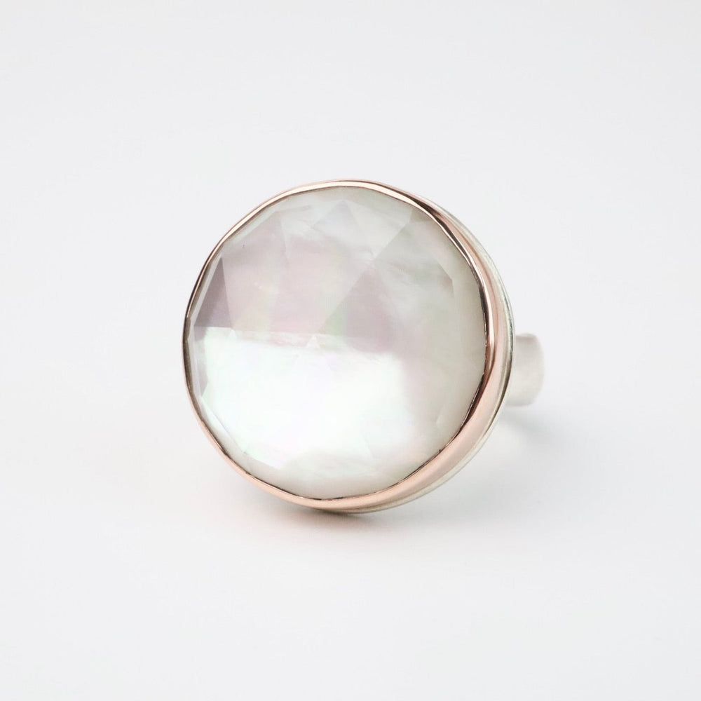 
                      
                        RNG-14K Sterling & 14K Rose Gold Ring Round Rose Cut Rock Crystal Over Mother of Pearl
                      
                    