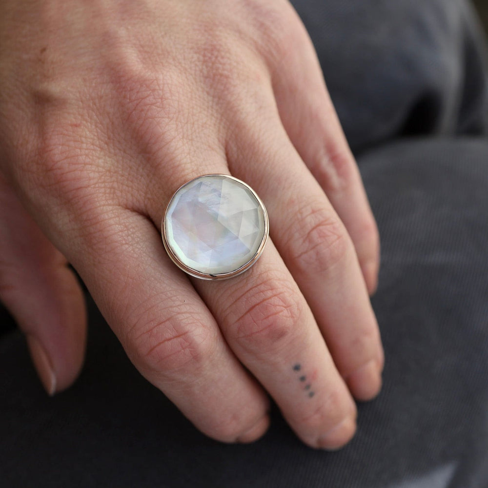 
                      
                        RNG-14K Sterling & 14K Rose Gold Ring Round Rose Cut Rock Crystal Over Mother of Pearl
                      
                    