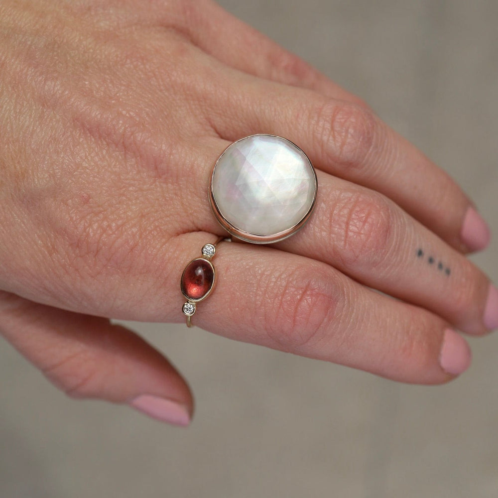 
                      
                        RNG-14K Sterling & 14K Rose Gold Ring Round Rose Cut Rock Crystal Over Mother of Pearl
                      
                    