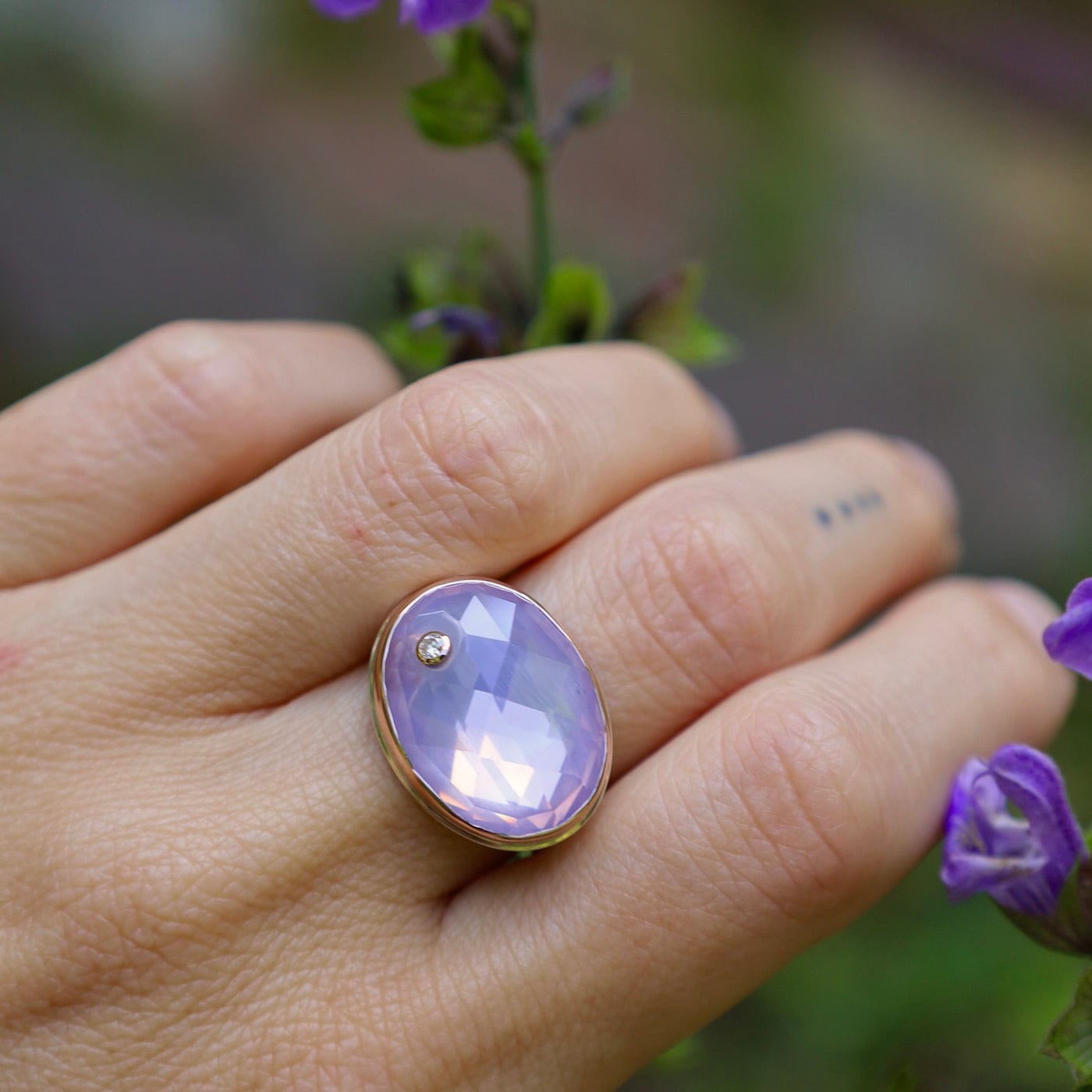 RNG-14K Sterling & 14K Rose Gold Ring with Oval Rose Cut Lavender Amethyst & Diamond