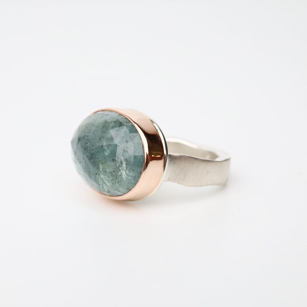 
                      
                        RNG-14K Sterling & 14K Rose Gold Ring with Oval Rose Cut Moss Aquamarine
                      
                    