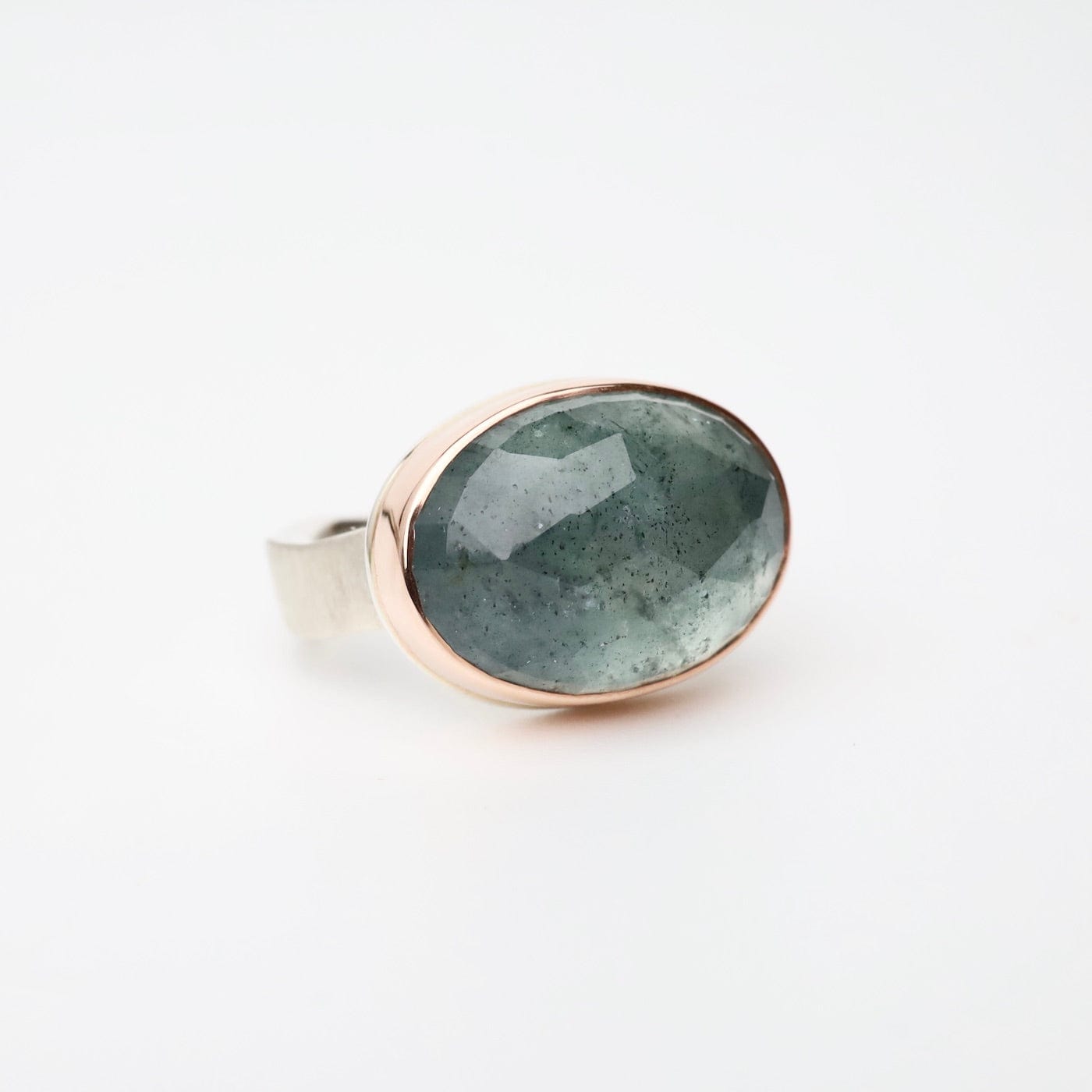 RNG-14K Sterling & 14K Rose Gold Ring with Oval Rose Cut Moss Aquamarine