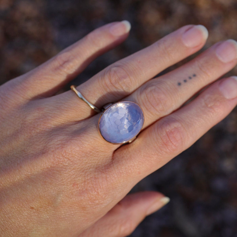 
                      
                        RNG-14K Sterling & 14K Rose Gold Ring with Vertical Oval Hand Faceted Lavender Amethyst
                      
                    