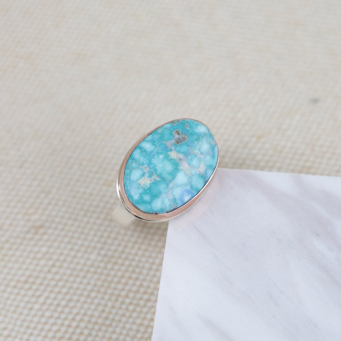 Load image into Gallery viewer, RNG-14K Sterling Silver &amp;amp; 14k Rose Gold Ring with Oval White Water Turquoise
