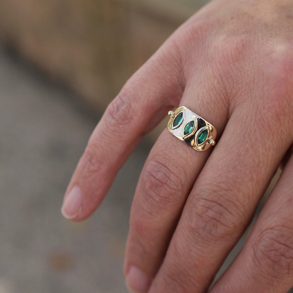 
                      
                        RNG-14K Triple Marquise Emerald Solid Gold Plate Ring
                      
                    