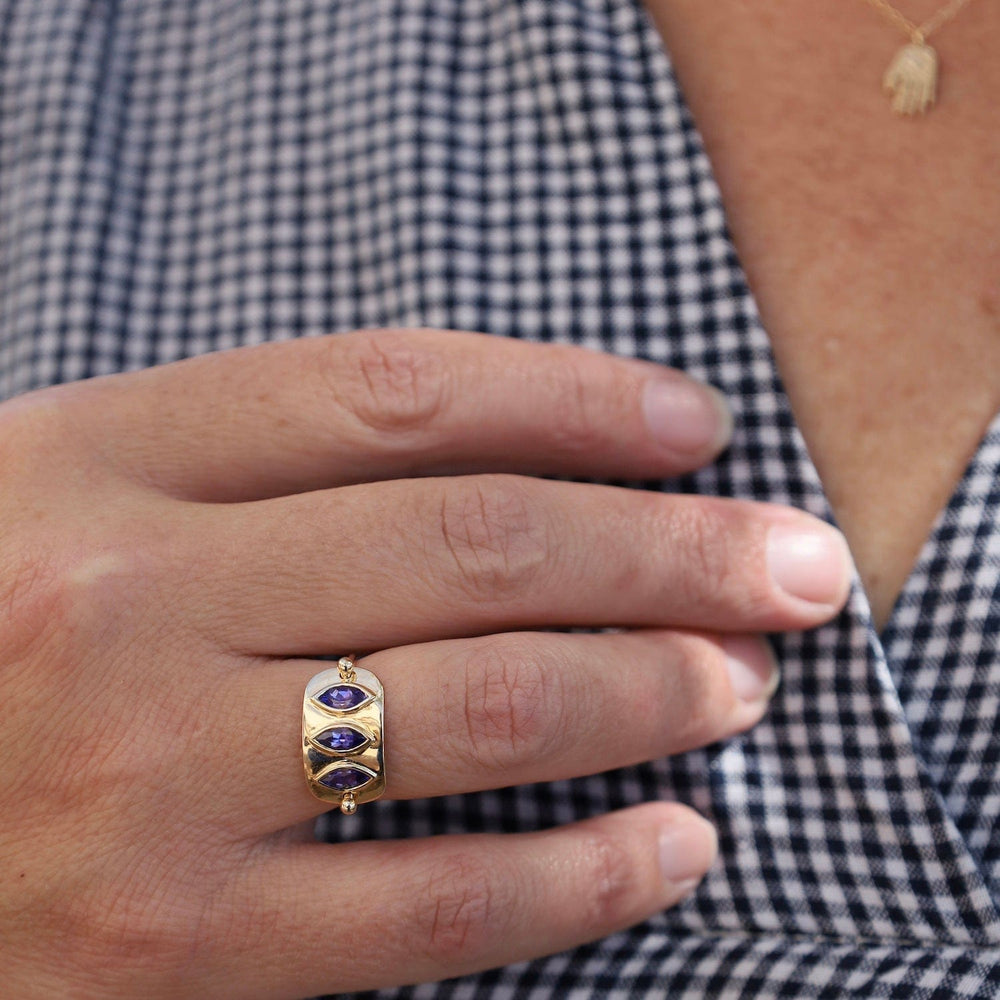 
                      
                        RNG-14K Triple Marquise Tanzanite Solid Gold Plate Ring
                      
                    