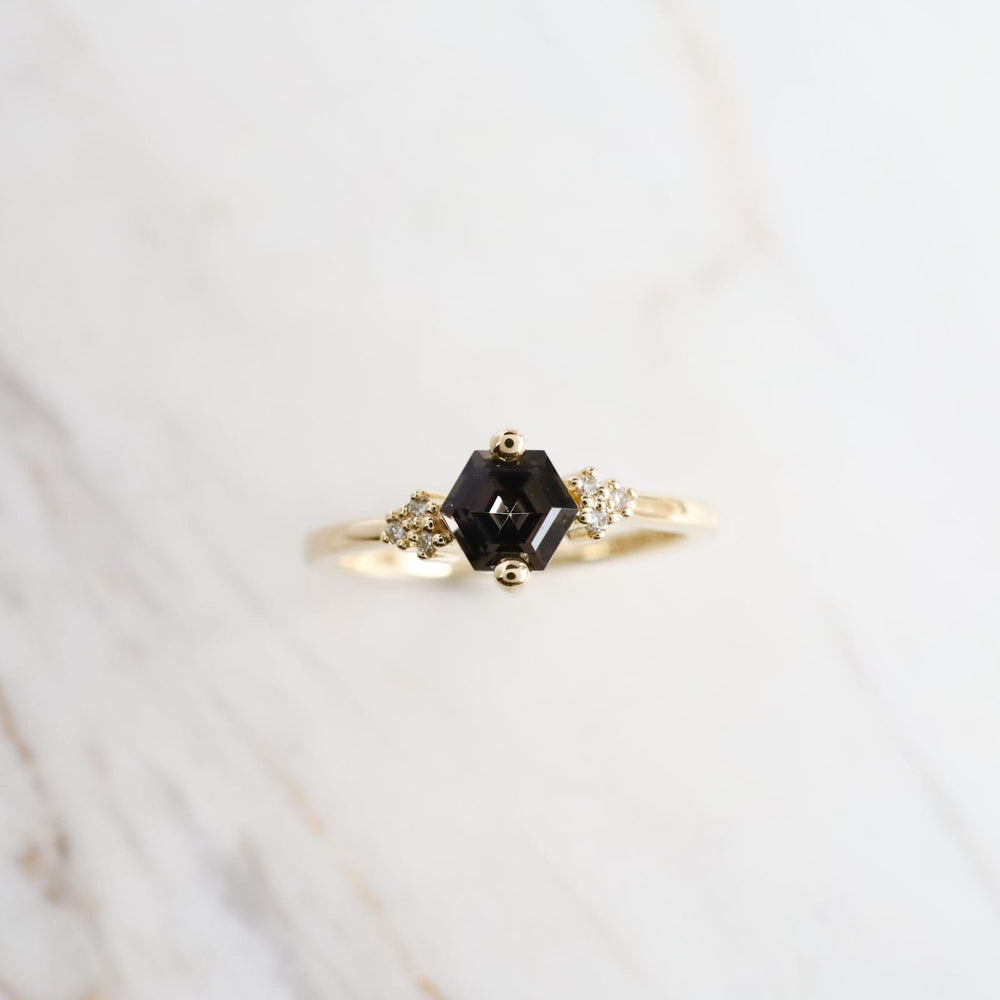 RNG-14K Yellow Gold Black Night Quartz Hexagon Ring