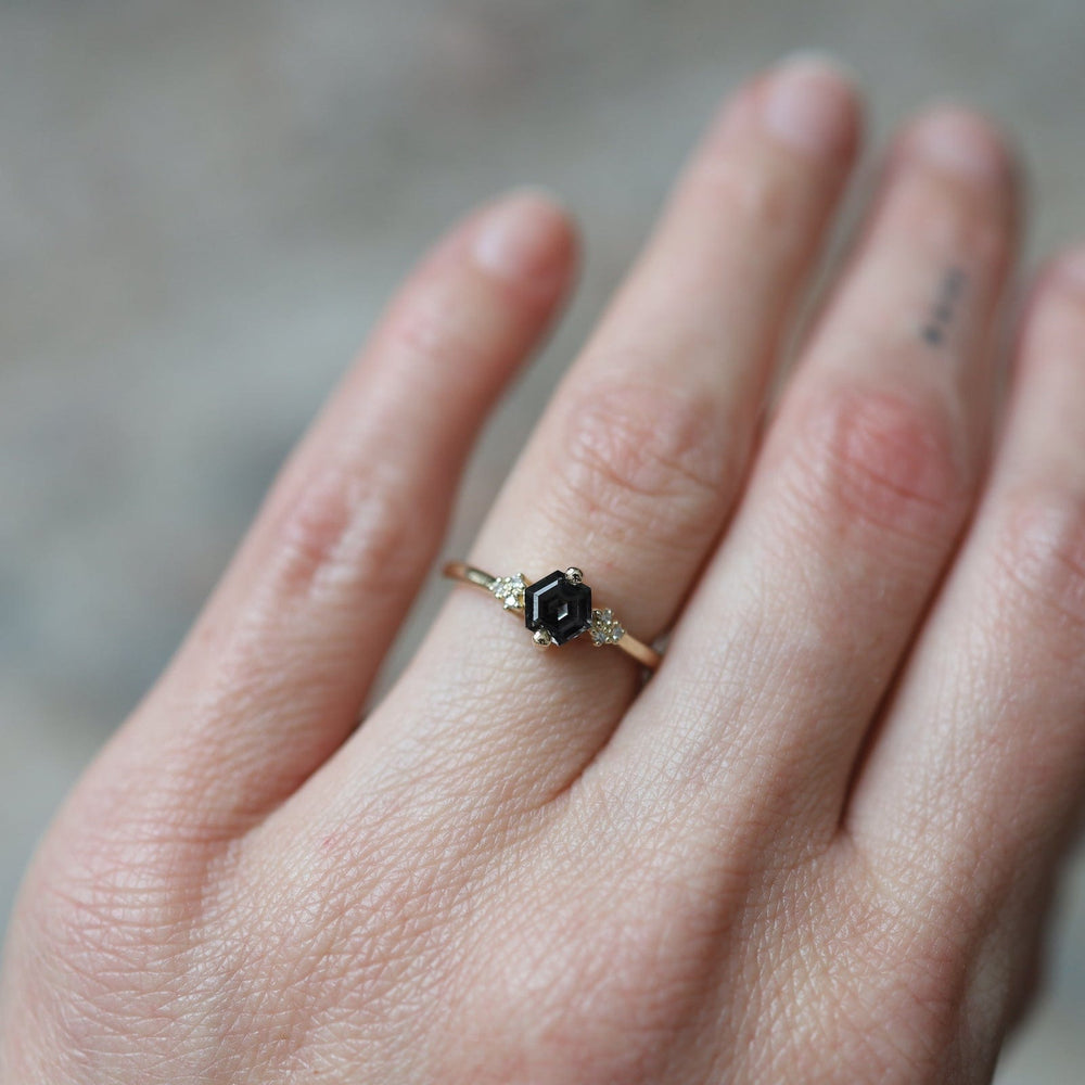 
                  
                    RNG-14K Yellow Gold Black Night Quartz Hexagon Ring
                  
                