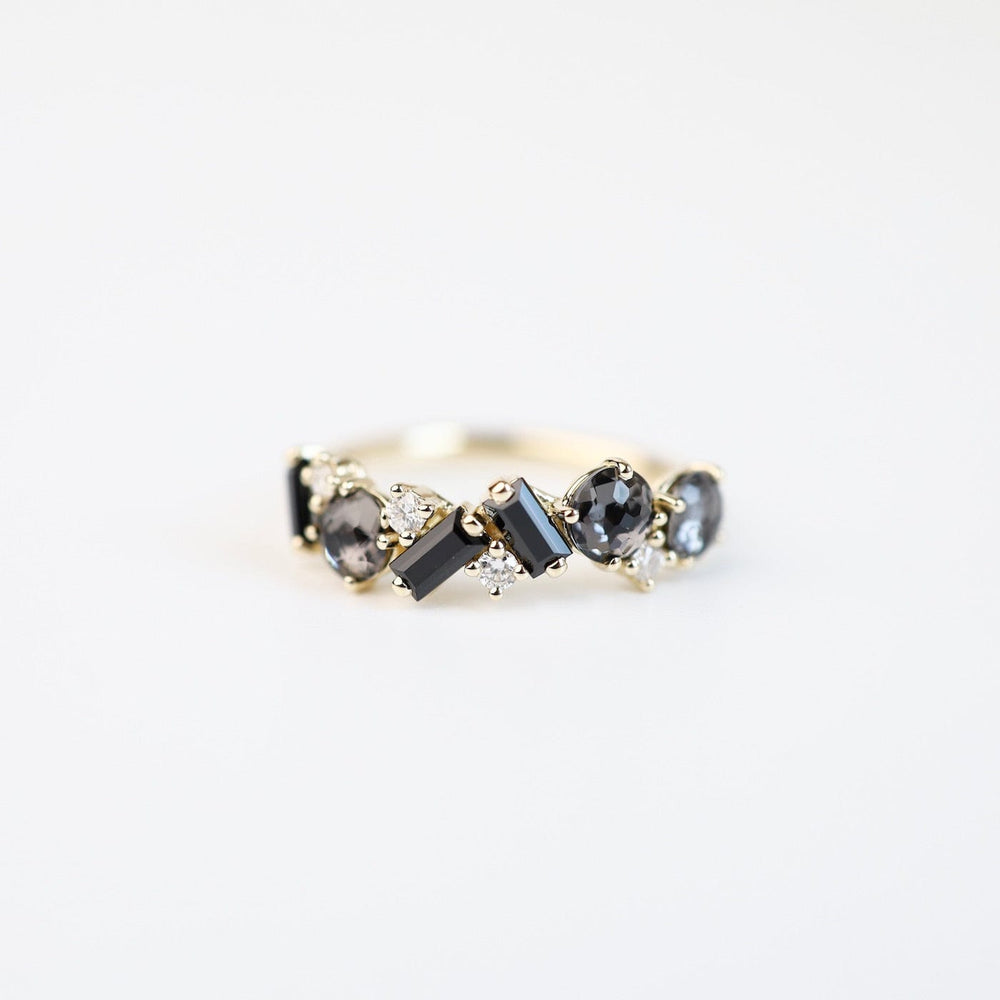 RNG-14K Yellow Gold Mixed Cut Black Night Quartz & Black Spinel Ring