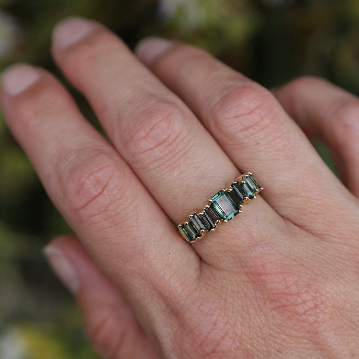 RNG-14K Yellow Gold Mixed Green Baguette Half Band