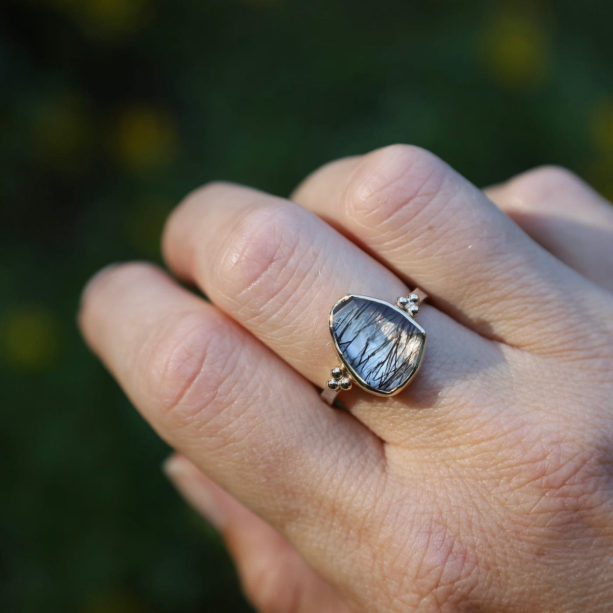 RNG 14KSS Black Tourmalinated quartz ring with beads-4