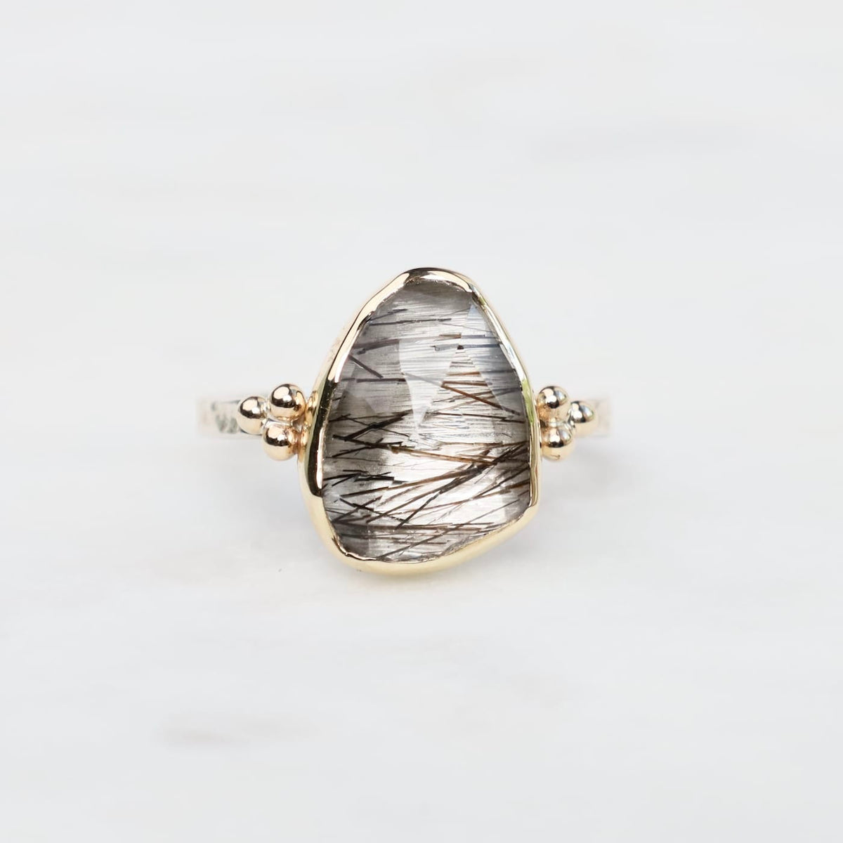 RNG 14KSS Black Tourmalinated quartz ring with beads-4
