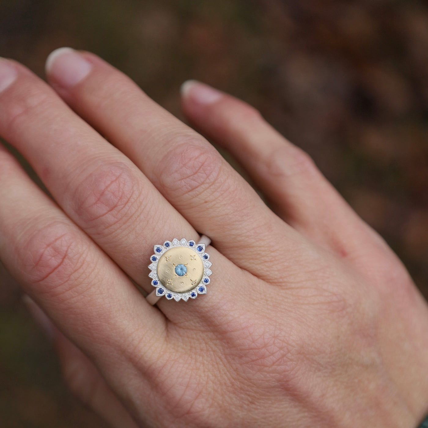 RNG-18K Golden Embers Ring with Aquamarine and Sapphires