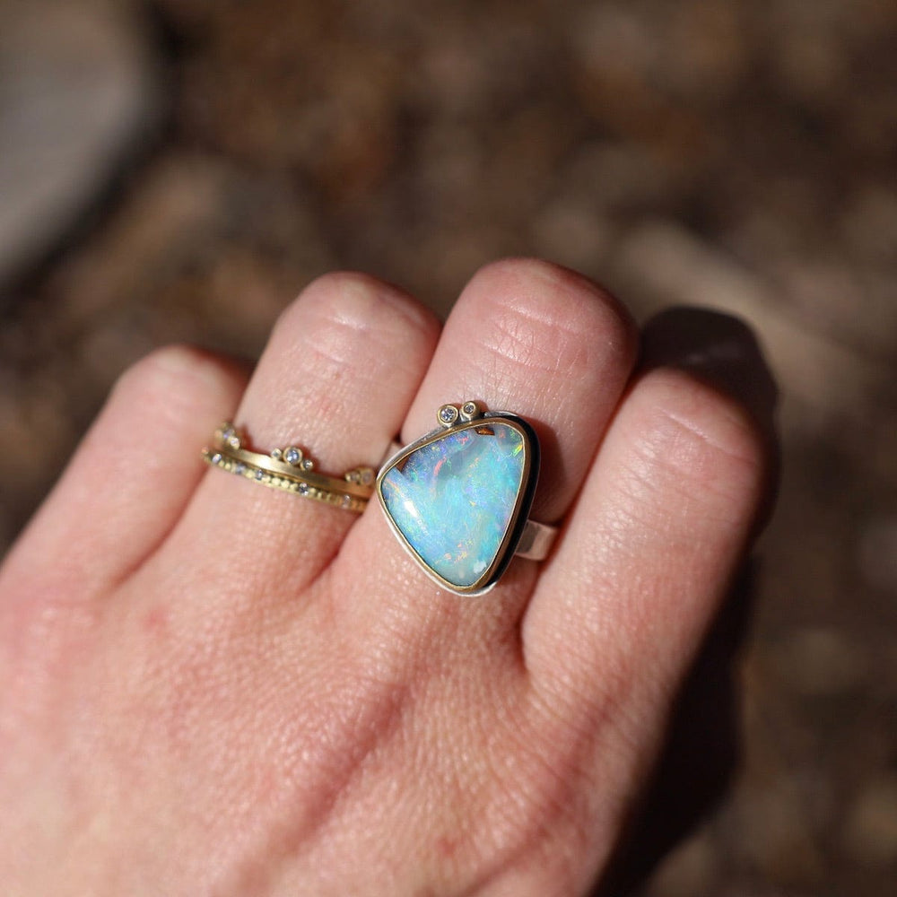 RNG-22K Bezel Set Boulder Opal with Diamonds Ring