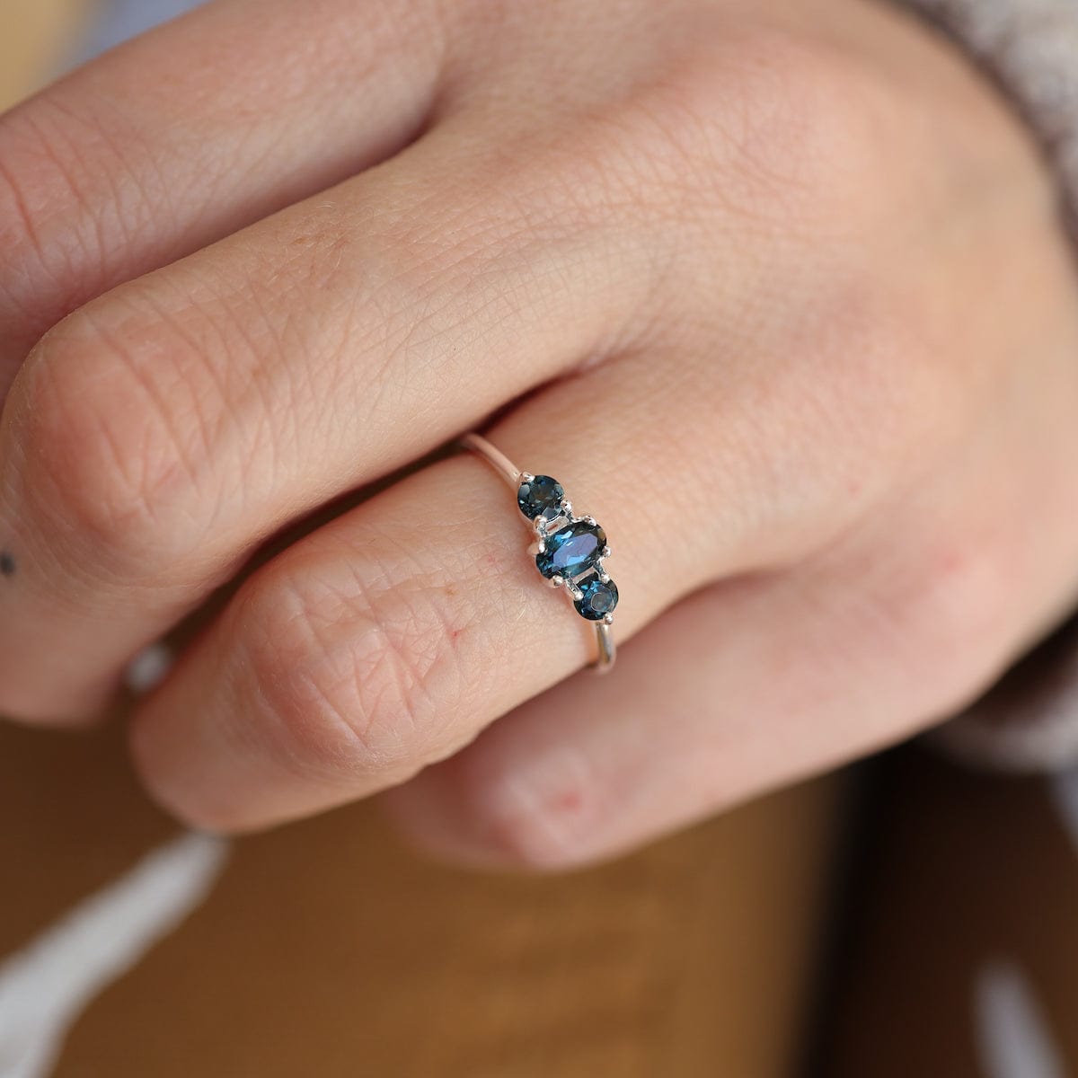 Peridot Blue Topaz Antique Style Three Stone ring - 14K White Gold  |JewelsForMe