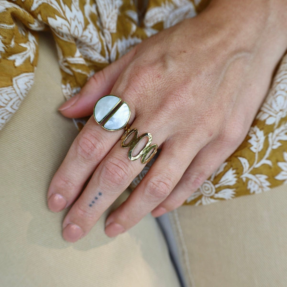 
                      
                        RNG-BRASS Solid Brass & Mother of Pearl Split Moon Ring
                      
                    