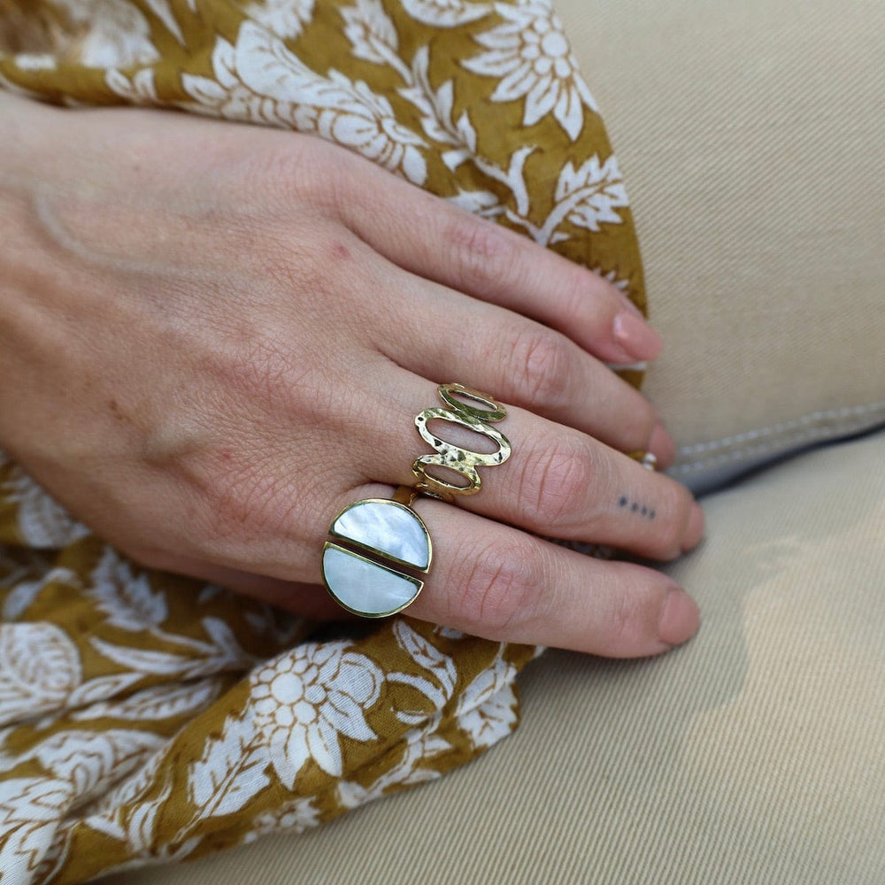 
                      
                        RNG-BRASS Solid Brass & Mother of Pearl Split Moon Ring
                      
                    