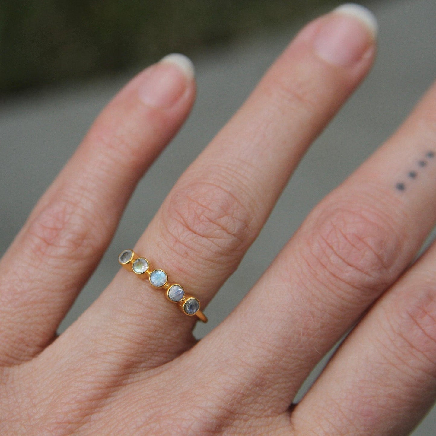 RNG-GPL Five Faceted Rainbow Moonstone in Gold Plated Brass Ring