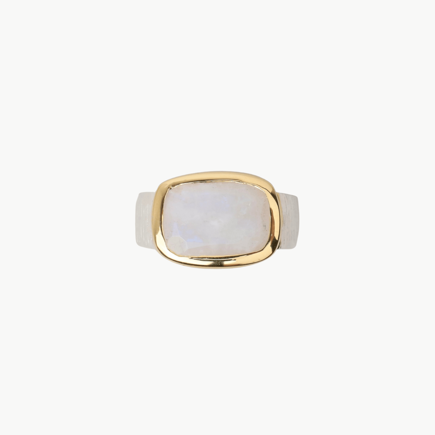 RNG-GPL Gold Bezel Rainbow Moonstone Silver Textured Band