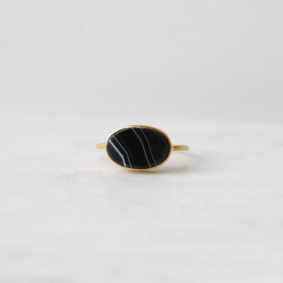 Load image into Gallery viewer, RNG-GPL Oval Flat Cut Banded Black Onyx in Gold Plated Bra
