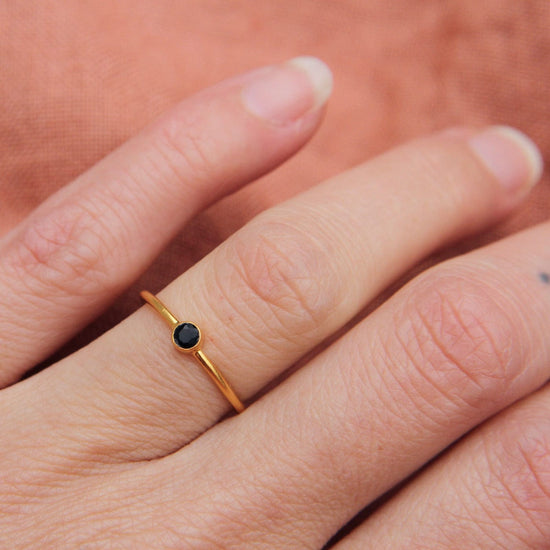 Load image into Gallery viewer, RNG-GPL Tiny Faceted Single Black Onyx in Gold Plated Brass Ring
