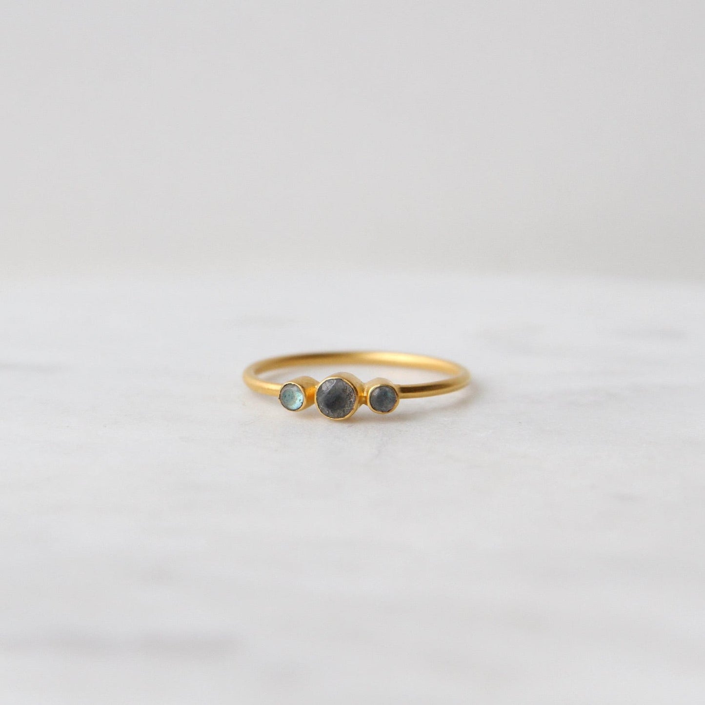 RNG-GPL Tiny Graduated Three Labradorite in Gold Plated Brass Ring