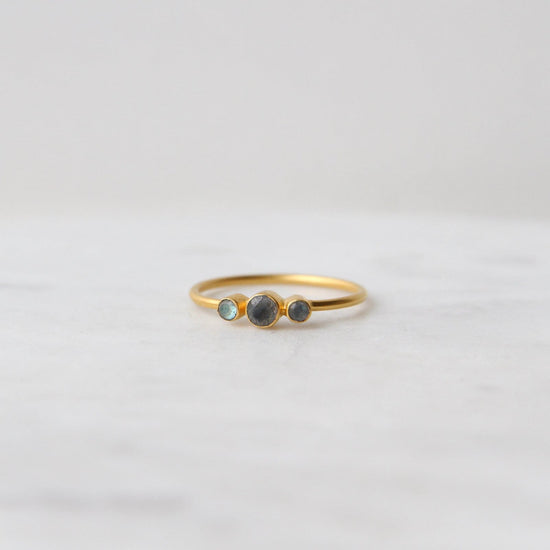 Load image into Gallery viewer, RNG-GPL Tiny Graduated Three Labradorite in Gold Plated Brass Ring
