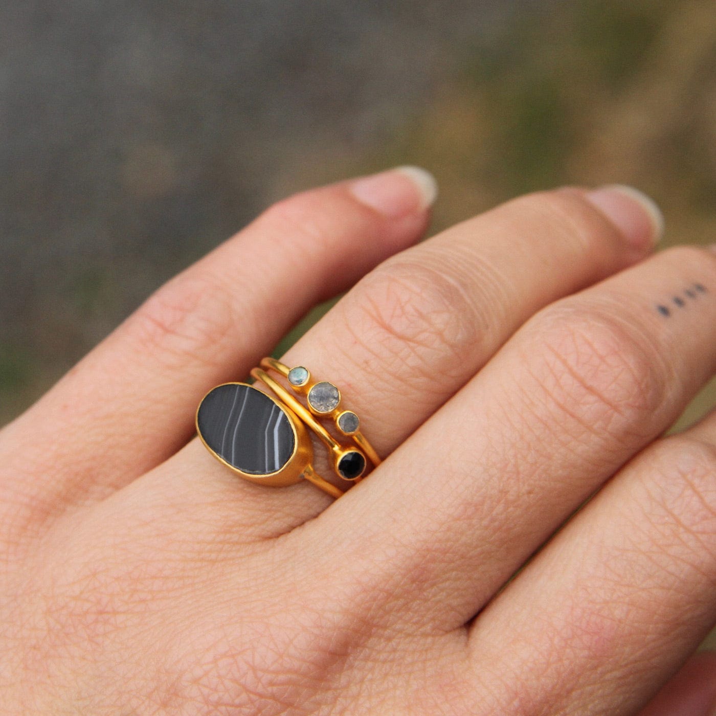 Load image into Gallery viewer, RNG-GPL Tiny Graduated Three Labradorite in Gold Plated Brass Ring
