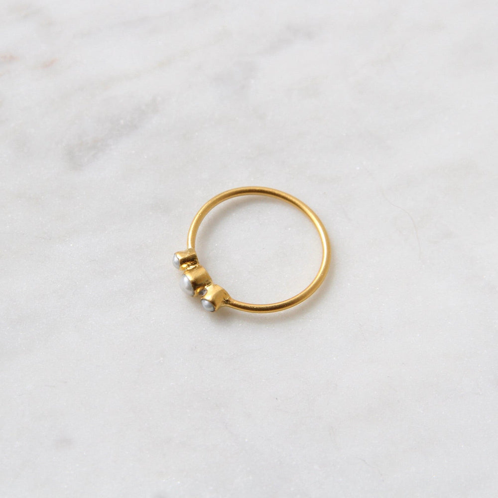 
                      
                        RNG-GPL Tiny Graduated Three White Pearl in Gold Plated Brass Ring
                      
                    