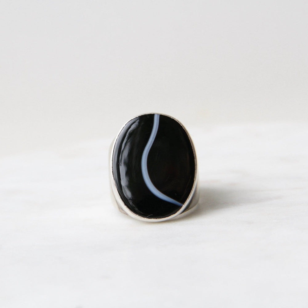 RNG Large Oval Flat Cut Banded Black Onyx Ring