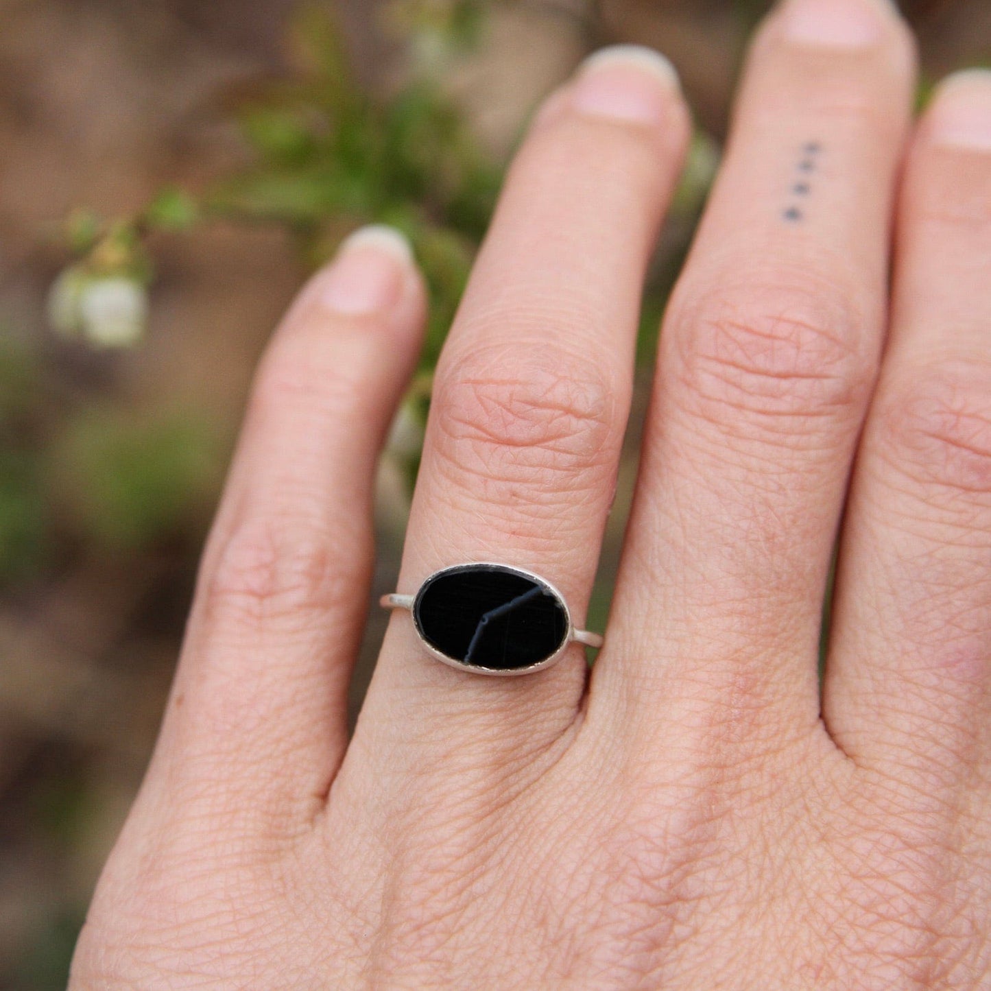 RNG Oval Flat Cut Banded Black Onyx in Sterling Silver Ring