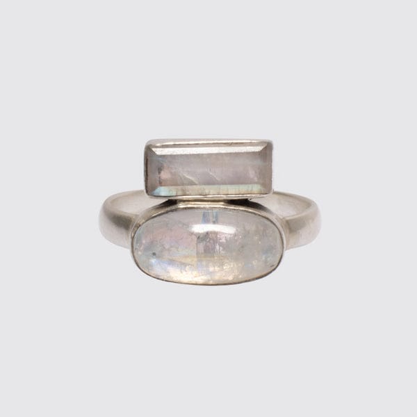 RNG Rainbow Moonstone Oval Cabochon & Faceted Baguette Ring